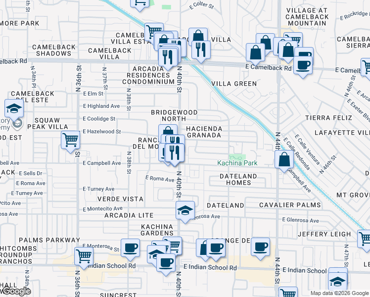 map of restaurants, bars, coffee shops, grocery stores, and more near 4011 East Hazelwood Street in Phoenix