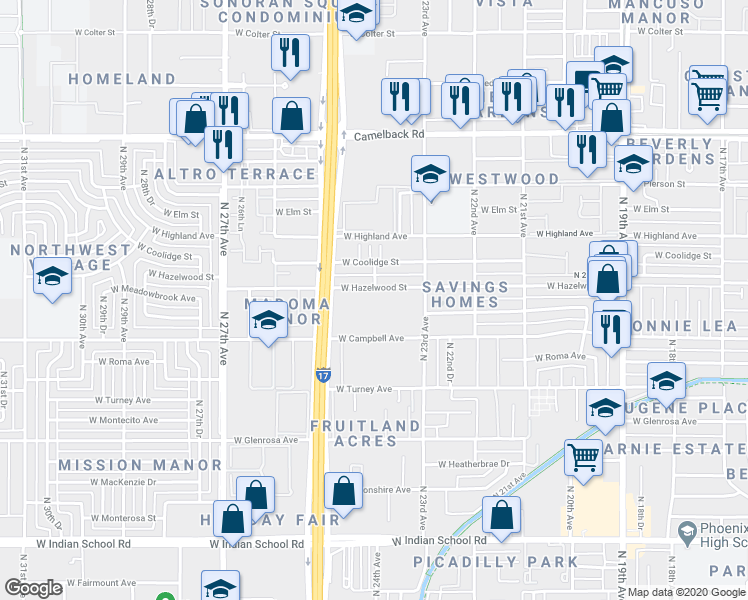 map of restaurants, bars, coffee shops, grocery stores, and more near 2336 West Hazelwood Street in Phoenix