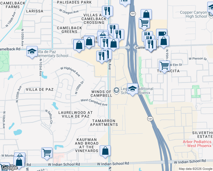map of restaurants, bars, coffee shops, grocery stores, and more near 9921 West Madrugada Avenue in Phoenix