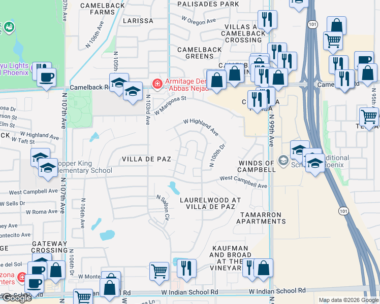 map of restaurants, bars, coffee shops, grocery stores, and more near Unnamed Road in Phoenix