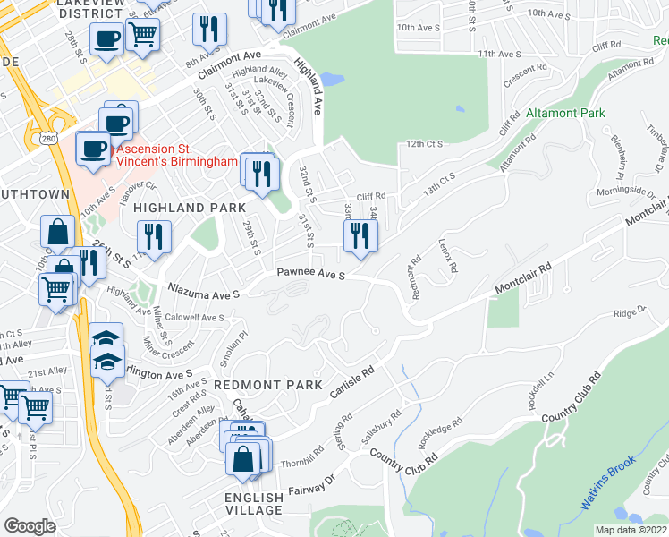 map of restaurants, bars, coffee shops, grocery stores, and more near 1327 31st Street South in Birmingham