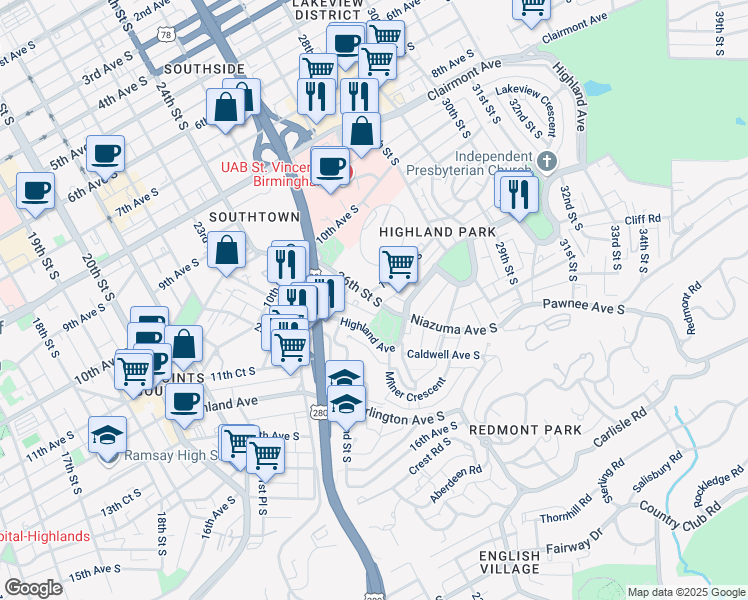 map of restaurants, bars, coffee shops, grocery stores, and more near 2603 11th Avenue South in Birmingham