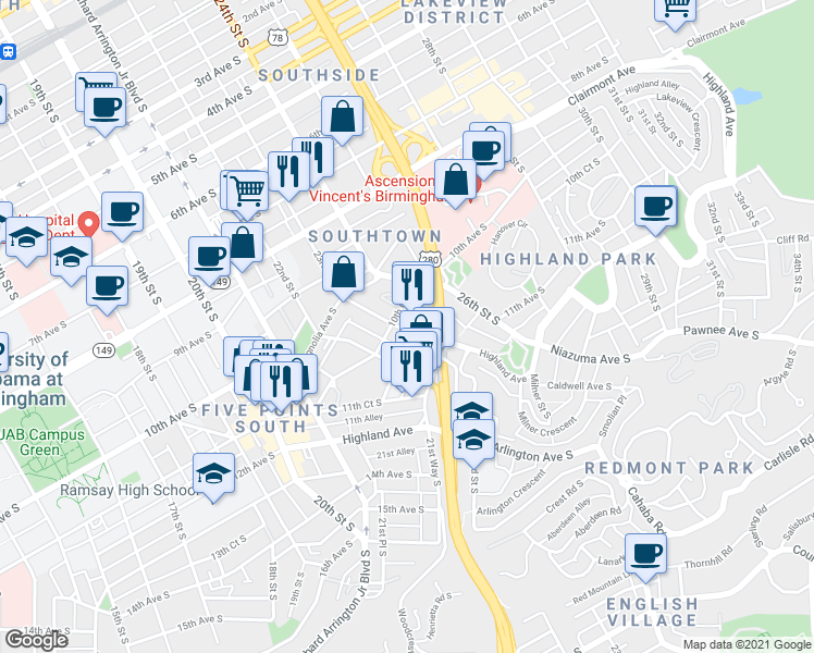 map of restaurants, bars, coffee shops, grocery stores, and more near 2302 10th Court South in Birmingham