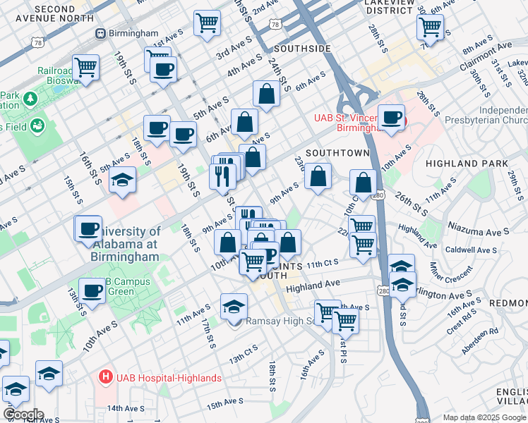 map of restaurants, bars, coffee shops, grocery stores, and more near 901 Richard Arrington Junior Boulevard South in Birmingham