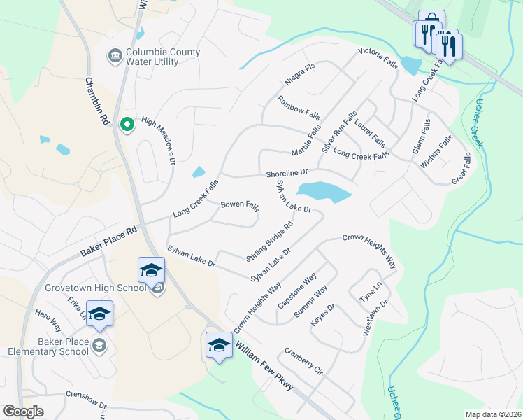 map of restaurants, bars, coffee shops, grocery stores, and more near 347 Bowen Falls in Grovetown