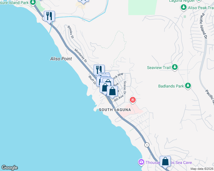 map of restaurants, bars, coffee shops, grocery stores, and more near 31626 Virginia Way in Laguna Beach