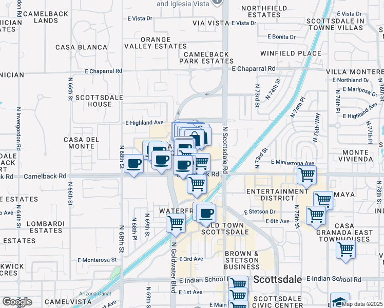 map of restaurants, bars, coffee shops, grocery stores, and more near 7014-590 East Camelback Road in Scottsdale