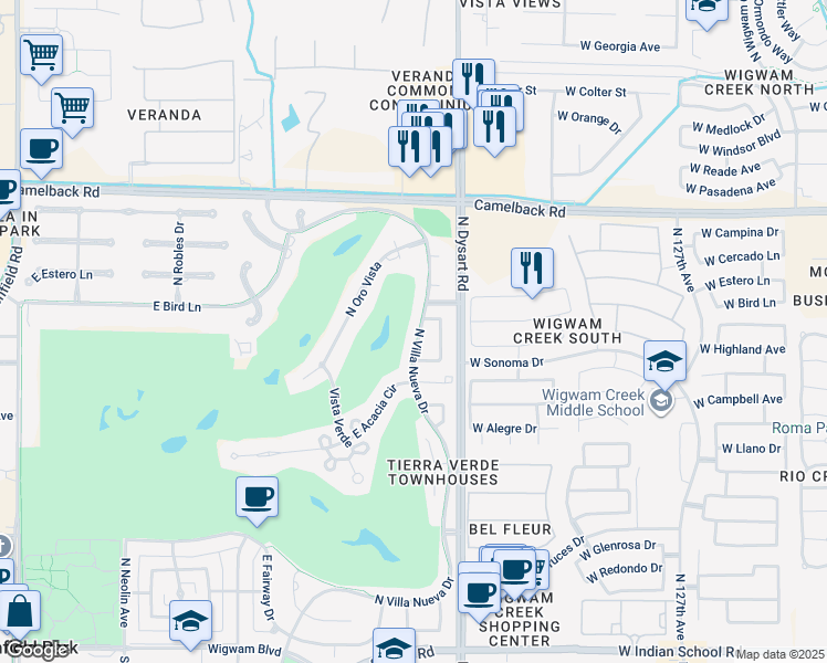 map of restaurants, bars, coffee shops, grocery stores, and more near 1136 North Villa Nueva Drive in Litchfield Park