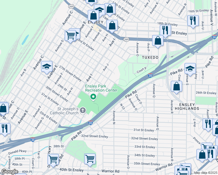 map of restaurants, bars, coffee shops, grocery stores, and more near 2517 Avenue K in Birmingham