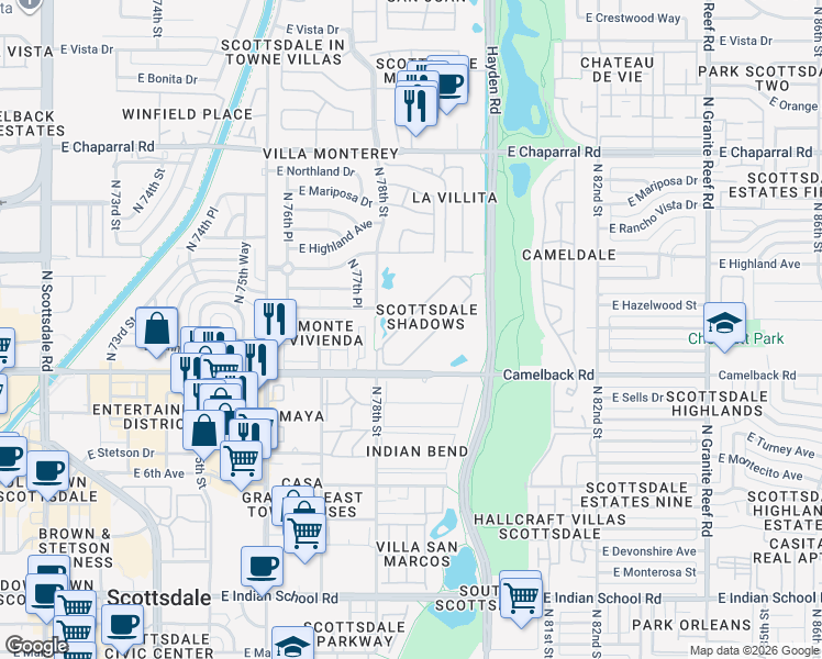 map of restaurants, bars, coffee shops, grocery stores, and more near in Scottsdale