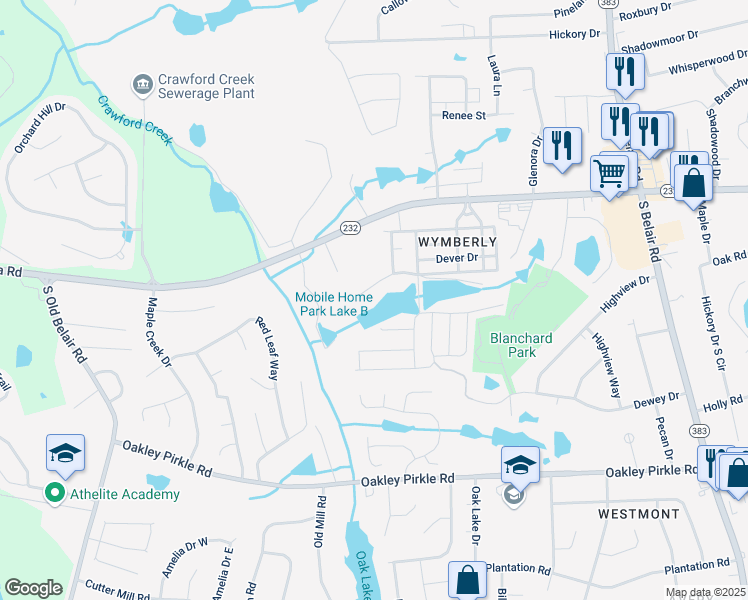 map of restaurants, bars, coffee shops, grocery stores, and more near 4739-4799 Lake Front Drive in Augusta