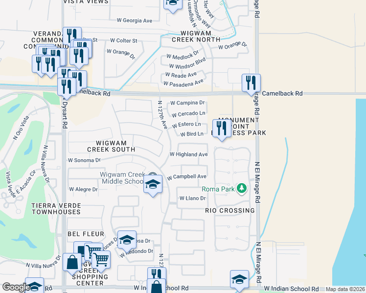 map of restaurants, bars, coffee shops, grocery stores, and more near 12601 West Vista Paseo Drive in Litchfield Park