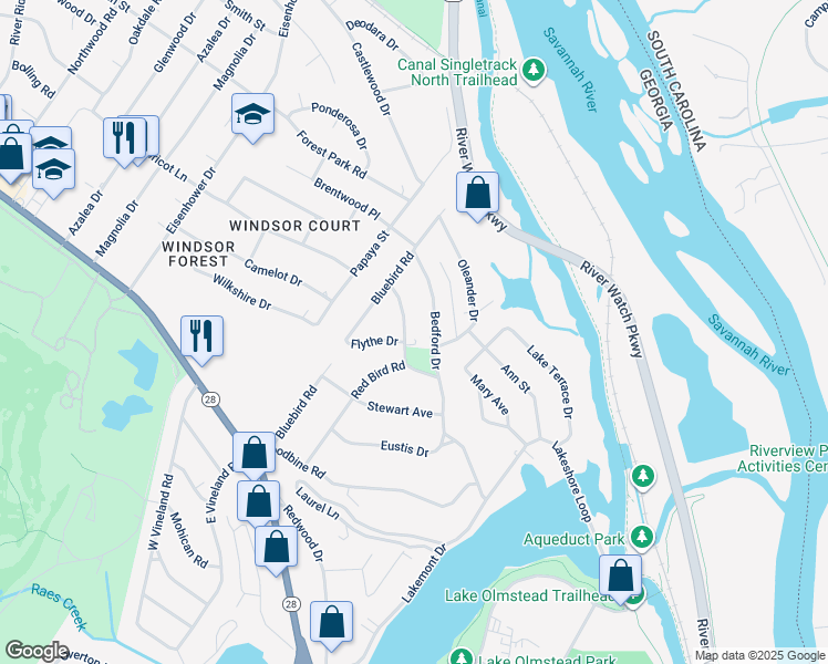 map of restaurants, bars, coffee shops, grocery stores, and more near 1041 Redbird Road in Augusta