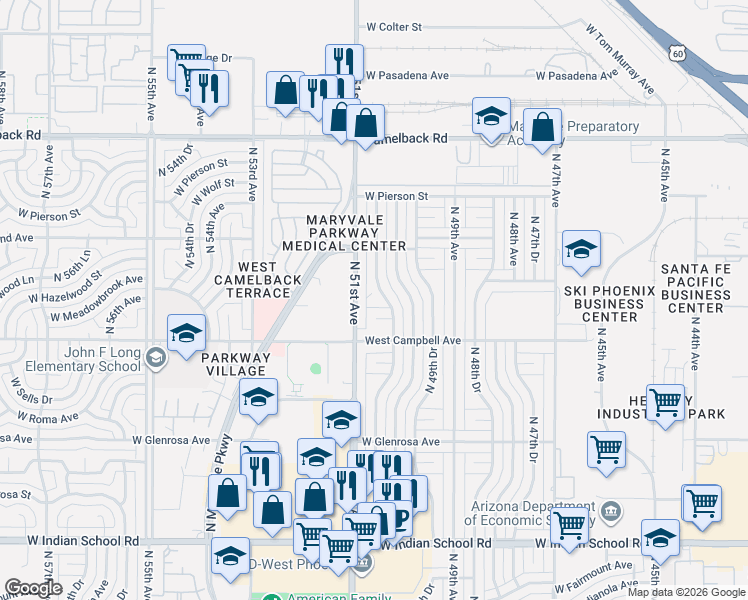 map of restaurants, bars, coffee shops, grocery stores, and more near 4547 North 51st Avenue in Phoenix