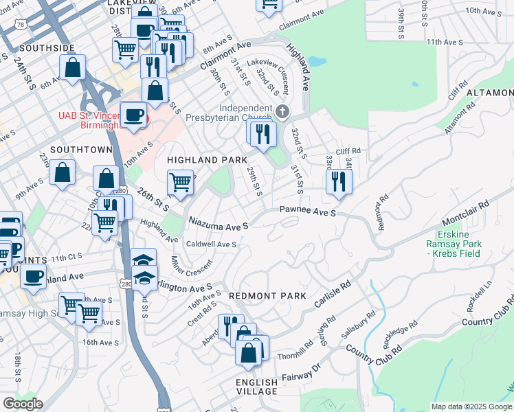 map of restaurants, bars, coffee shops, grocery stores, and more near 1242 29th Street South in Birmingham