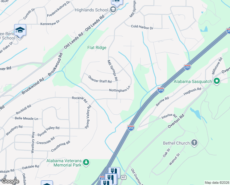 map of restaurants, bars, coffee shops, grocery stores, and more near 4901 Nottingham Lane in Birmingham