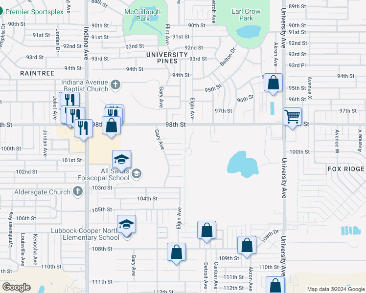 map of restaurants, bars, coffee shops, grocery stores, and more near 3101 99th Street in Lubbock