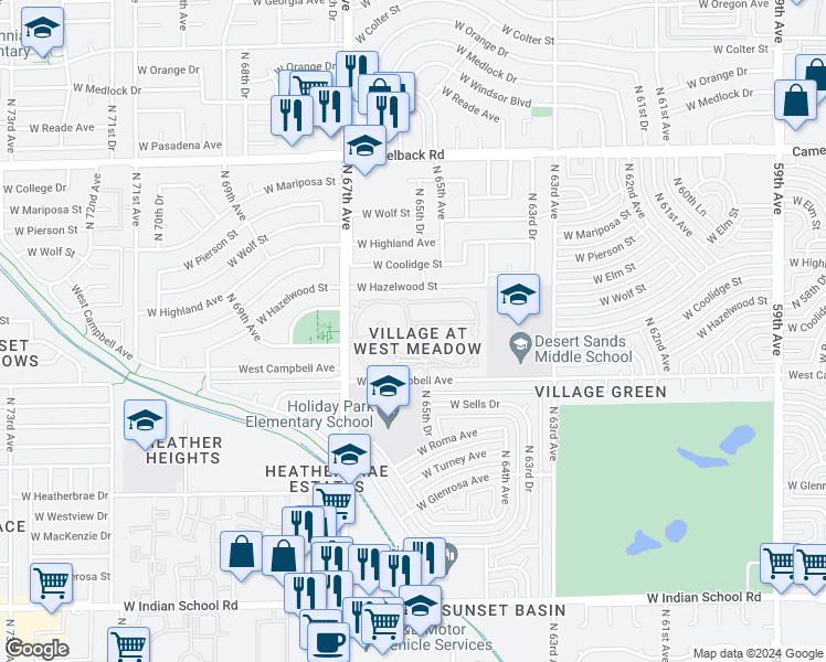 map of restaurants, bars, coffee shops, grocery stores, and more near North 67th Avenue in Phoenix