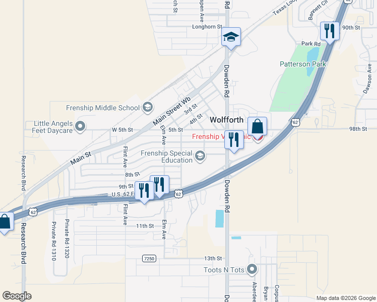 map of restaurants, bars, coffee shops, grocery stores, and more near 513 6th Street in Wolfforth