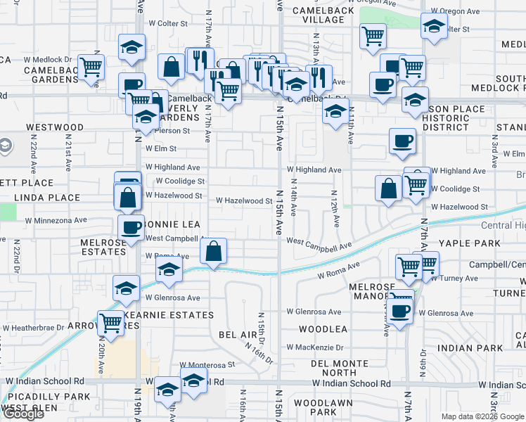 map of restaurants, bars, coffee shops, grocery stores, and more near 1505 West Hazelwood Street in Phoenix