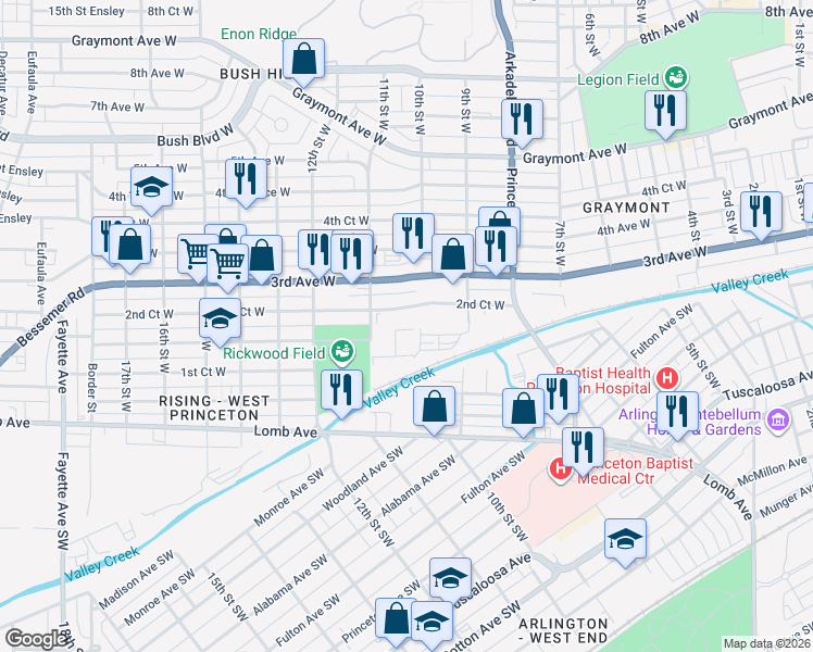 map of restaurants, bars, coffee shops, grocery stores, and more near 1017 2nd Court West in Birmingham