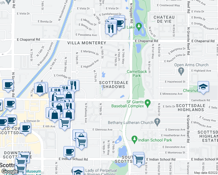 map of restaurants, bars, coffee shops, grocery stores, and more near in Scottsdale