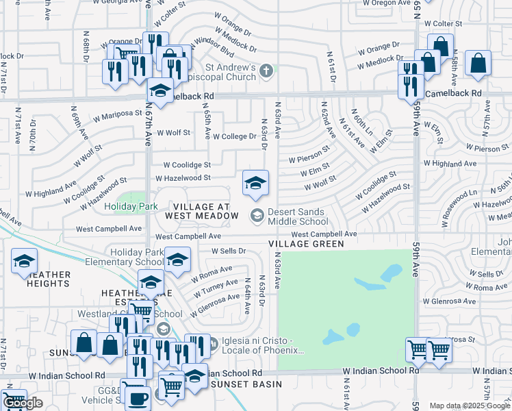 map of restaurants, bars, coffee shops, grocery stores, and more near 6308 West Campbell Avenue in Phoenix