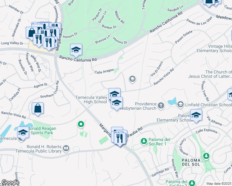 map of restaurants, bars, coffee shops, grocery stores, and more near Rancho Vista Road in Temecula