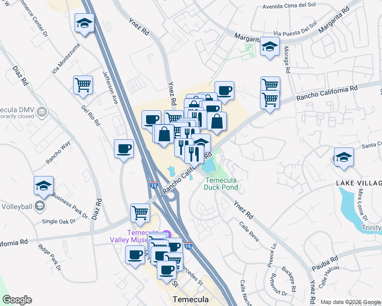 map of restaurants, bars, coffee shops, grocery stores, and more near 27648 Ynez Road in Temecula