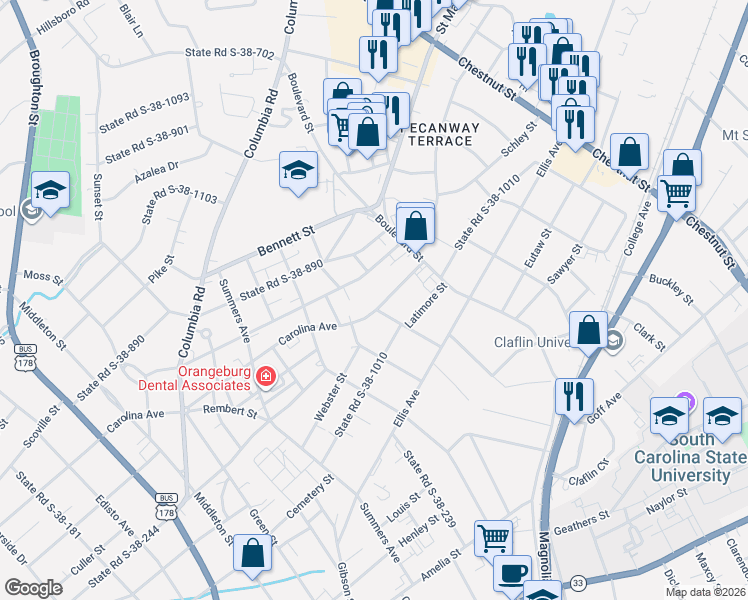map of restaurants, bars, coffee shops, grocery stores, and more near 850 State Road S-38-225 in Orangeburg