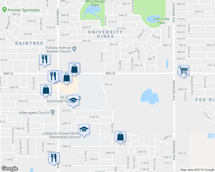 map of restaurants, bars, coffee shops, grocery stores, and more near 3110 99th Street in Lubbock