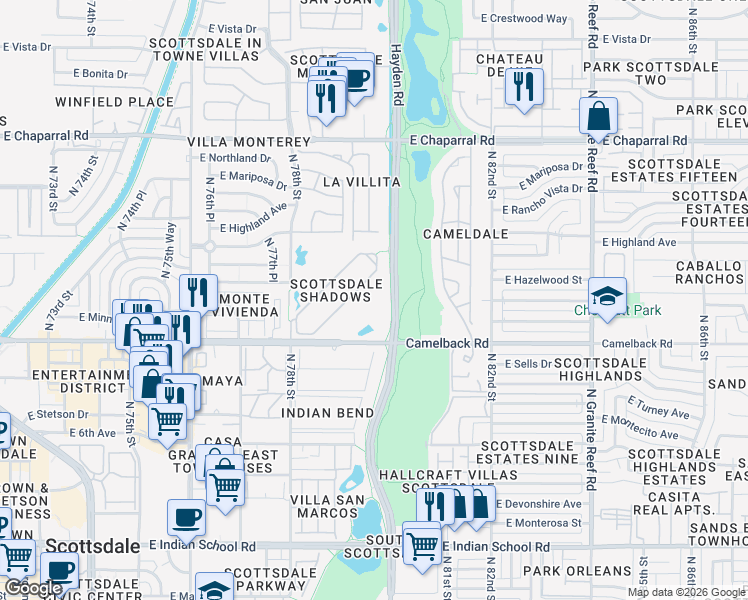 map of restaurants, bars, coffee shops, grocery stores, and more near 7960 East Camelback Road in Scottsdale