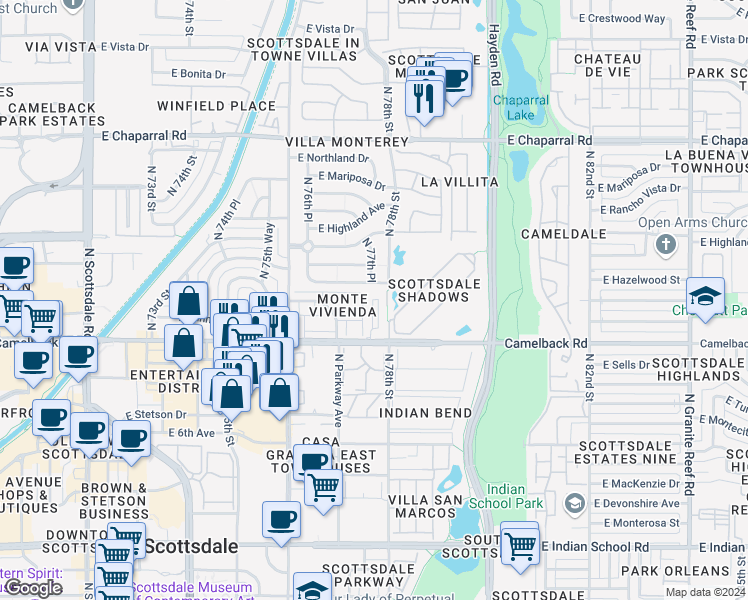 map of restaurants, bars, coffee shops, grocery stores, and more near 7761 East Meadowbrook Avenue in Scottsdale