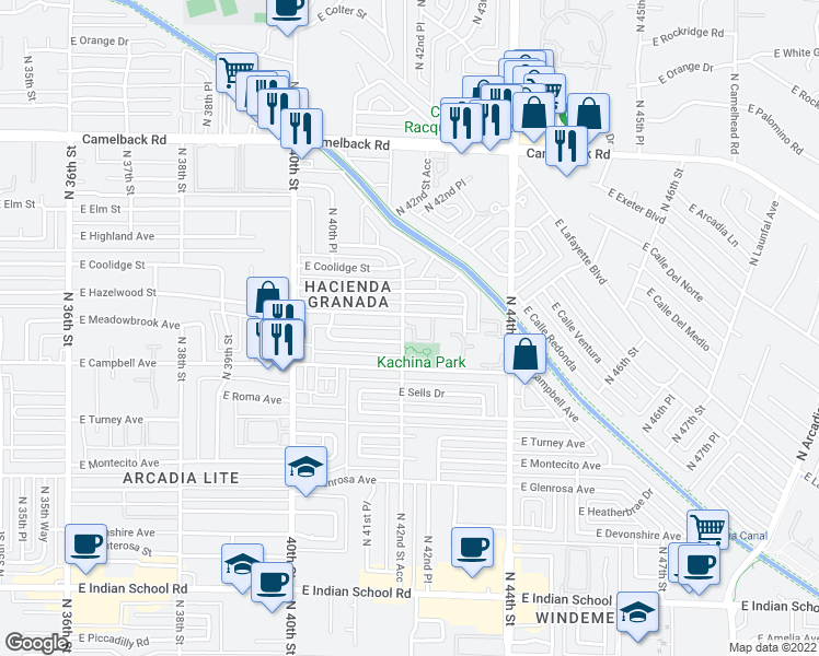 map of restaurants, bars, coffee shops, grocery stores, and more near 4137 East Hazelwood Street in Phoenix