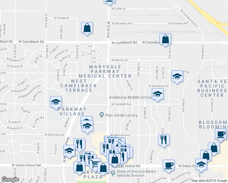 map of restaurants, bars, coffee shops, grocery stores, and more near 4547 North 51st Avenue in Phoenix