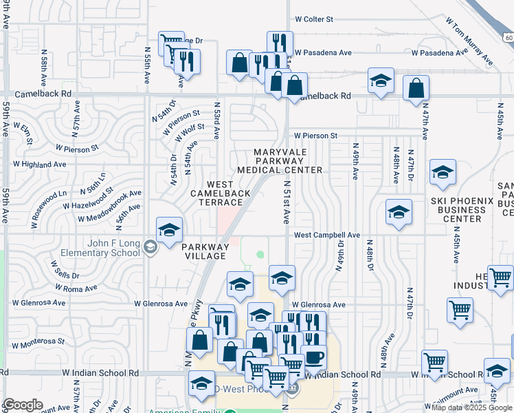 map of restaurants, bars, coffee shops, grocery stores, and more near 4550 North 51st Avenue in Phoenix
