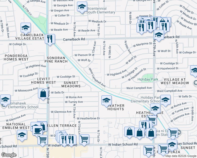 map of restaurants, bars, coffee shops, grocery stores, and more near 7110 West Minnezona Avenue in Phoenix