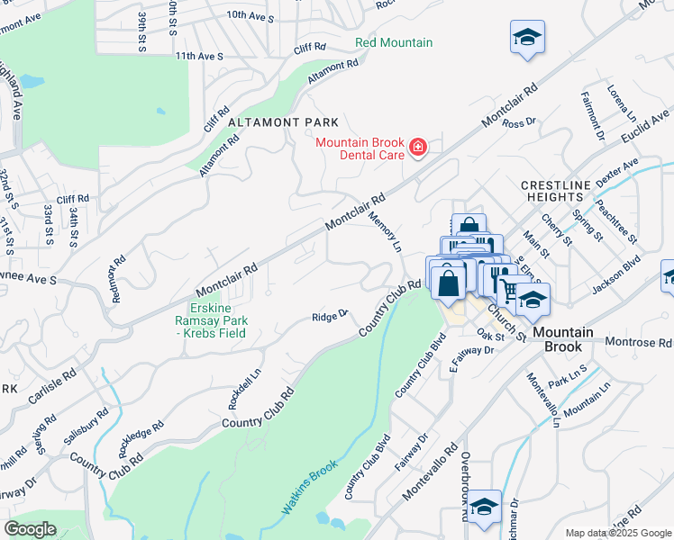 map of restaurants, bars, coffee shops, grocery stores, and more near 26 Cross Ridge Road in Birmingham