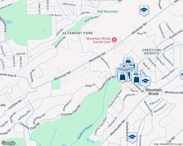 map of restaurants, bars, coffee shops, grocery stores, and more near 26 Cross Ridge Road in Birmingham