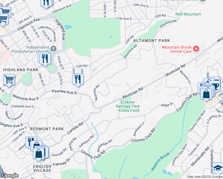 map of restaurants, bars, coffee shops, grocery stores, and more near 3554 Lenox Road in Birmingham