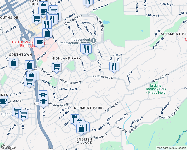 map of restaurants, bars, coffee shops, grocery stores, and more near 2924 Pawnee Avenue South in Birmingham