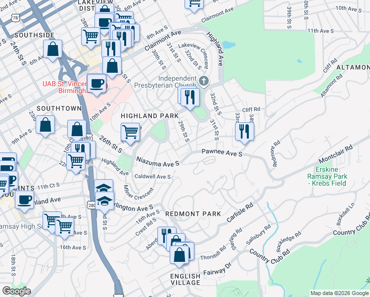 map of restaurants, bars, coffee shops, grocery stores, and more near 1242 29th Street South in Birmingham