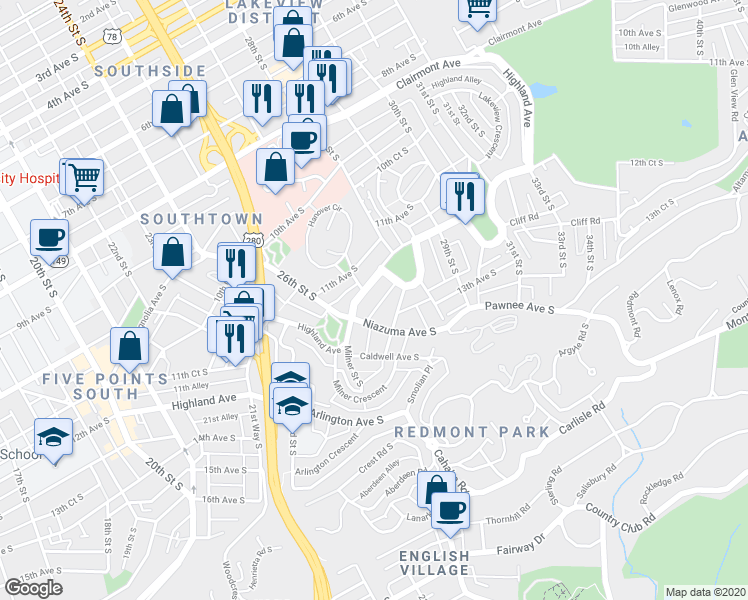 map of restaurants, bars, coffee shops, grocery stores, and more near 2620 Highland Avenue in Birmingham