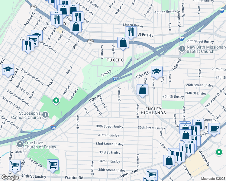 map of restaurants, bars, coffee shops, grocery stores, and more near 1524 Pike Road in Birmingham