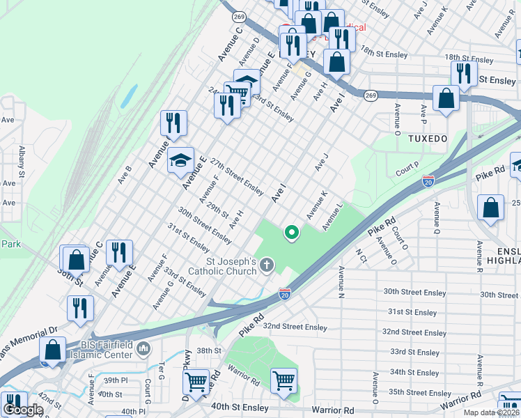 map of restaurants, bars, coffee shops, grocery stores, and more near 2719 Avenue H in Birmingham