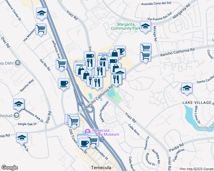 map of restaurants, bars, coffee shops, grocery stores, and more near 27648 Ynez Road in Temecula