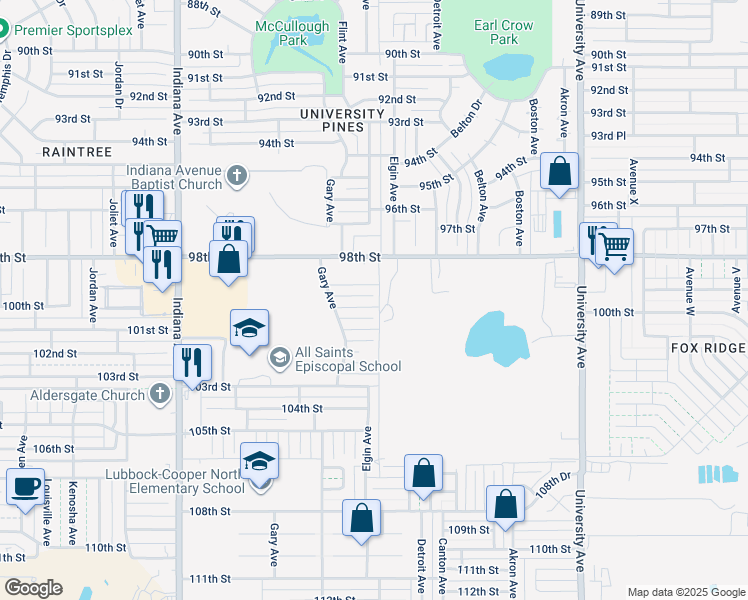 map of restaurants, bars, coffee shops, grocery stores, and more near 3110 99th Street in Lubbock