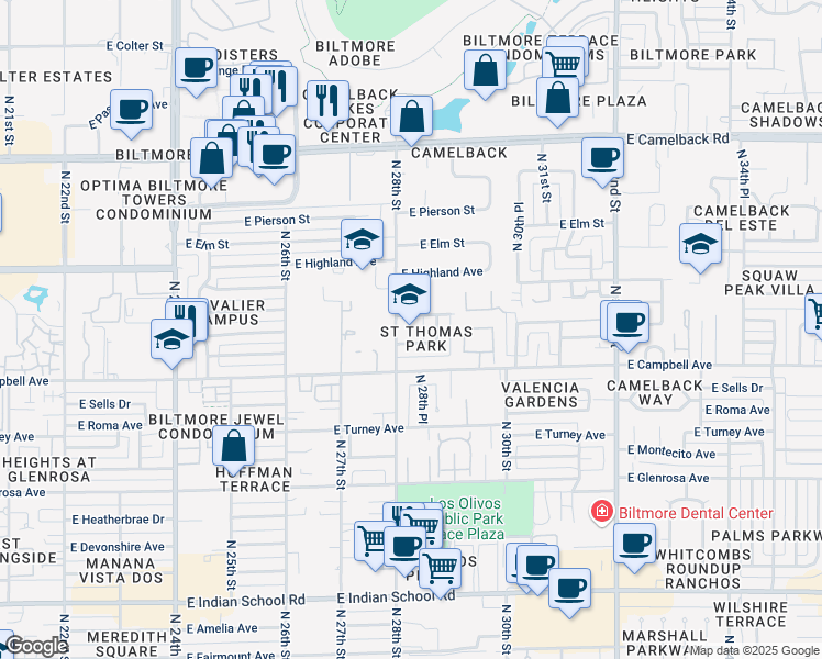 map of restaurants, bars, coffee shops, grocery stores, and more near 4535 North 28th Street in Phoenix
