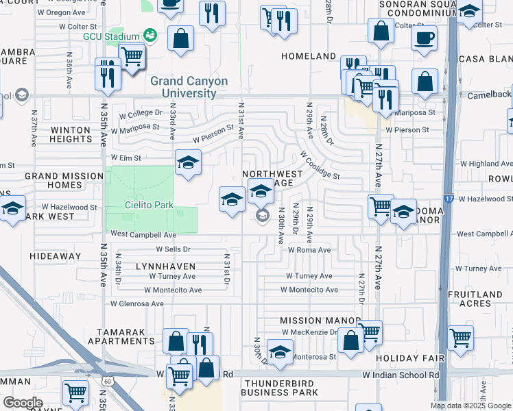 map of restaurants, bars, coffee shops, grocery stores, and more near 3022 West Campbell Avenue in Phoenix