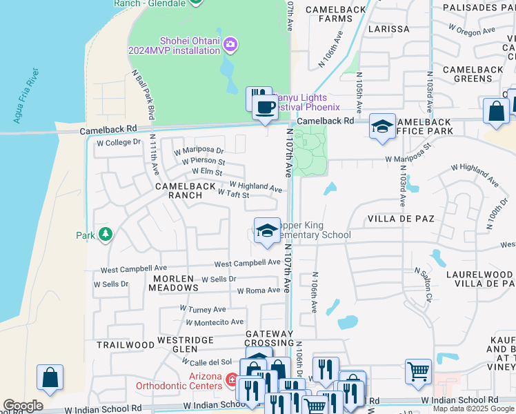 map of restaurants, bars, coffee shops, grocery stores, and more near 10742 West Coolidge Street in Phoenix